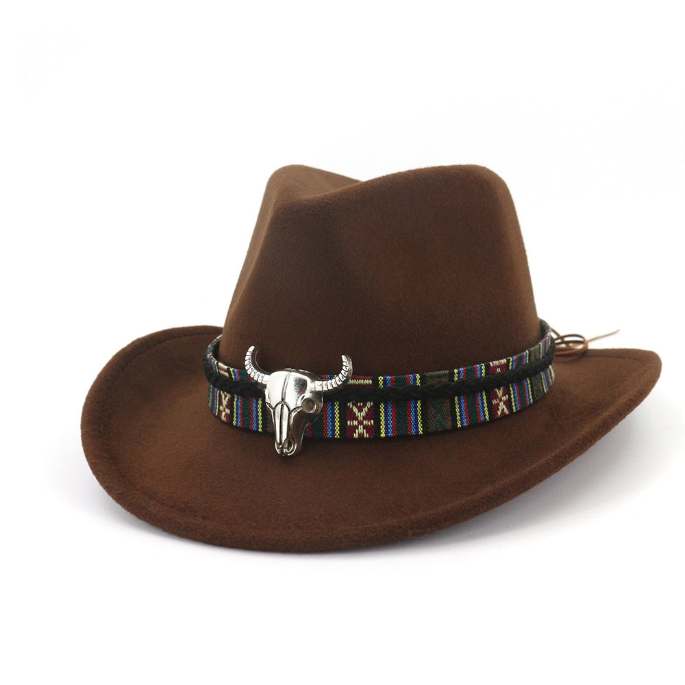 Fashion Men Women Western Cowboy Hat With Cow Head Band Wide Brim Hat Pop Jazz Hat Winter Wool Hat Size 56-58CM