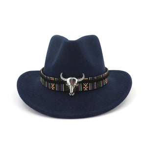 Fashion Men Women Western Cowboy Hat With Cow Head Band Wide Brim Hat Pop Jazz Hat Winter Wool Hat Size 56-58CM