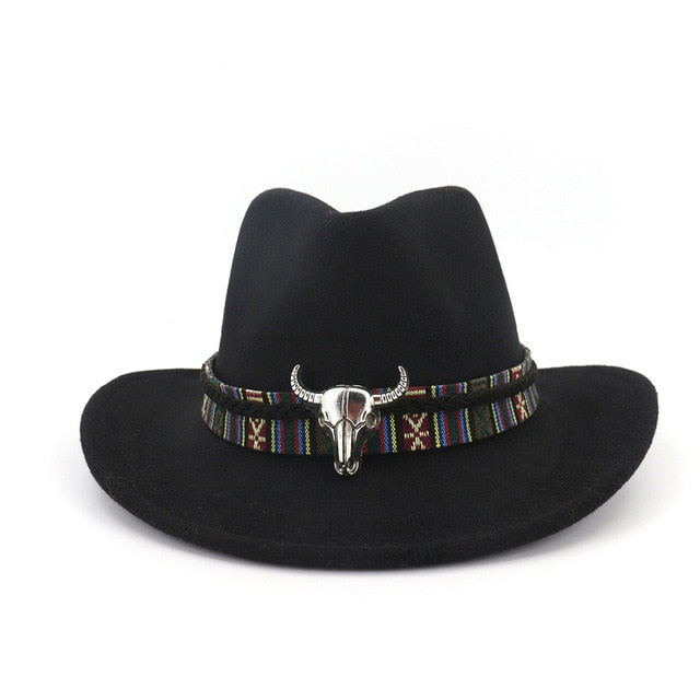 Fashion Men Women Western Cowboy Hat With Cow Head Band Wide Brim Hat Pop Jazz Hat Winter Wool Hat Size 56-58CM