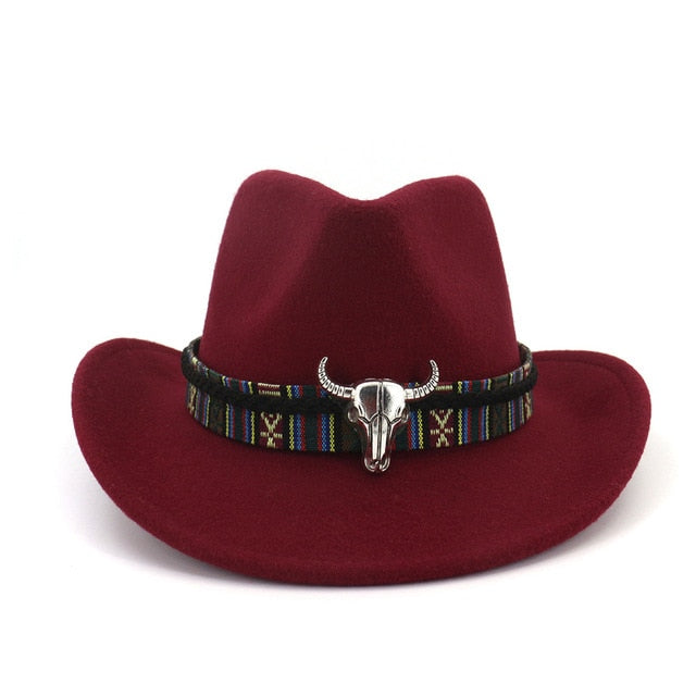 Fashion Men Women Western Cowboy Hat With Cow Head Band Wide Brim Hat Pop Jazz Hat Winter Wool Hat Size 56-58CM