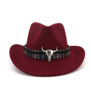 Fashion Men Women Western Cowboy Hat With Cow Head Band Wide Brim Hat Pop Jazz Hat Winter Wool Hat Size 56-58CM
