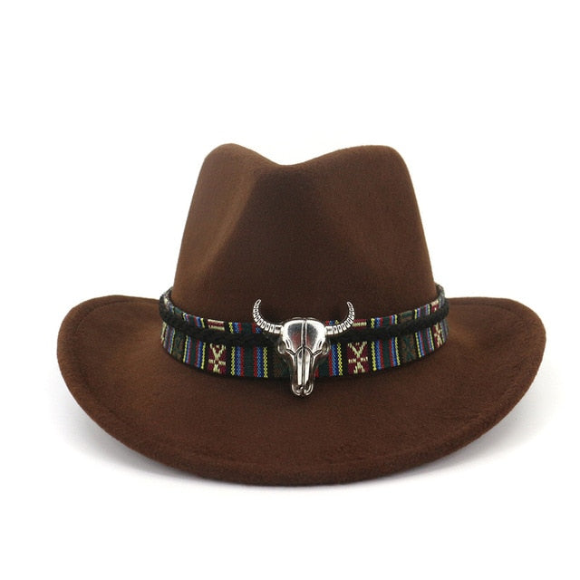 Fashion Men Women Western Cowboy Hat With Cow Head Band Wide Brim Hat Pop Jazz Hat Winter Wool Hat Size 56-58CM