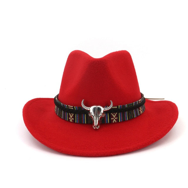 Fashion Men Women Western Cowboy Hat With Cow Head Band Wide Brim Hat Pop Jazz Hat Winter Wool Hat Size 56-58CM